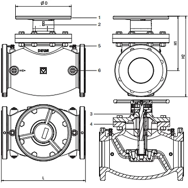 Чертеж Вентиль балансировочный Herz Штремакс-GF Ду200 Ру16 с измерит. клапанами фланцевый Чертеж Вентиль балансировочный Herz Штремакс-GF Ду200 Ру16 с измерит. клапанами фланцевый