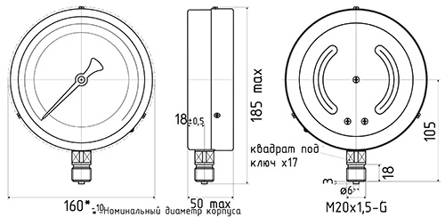 Вакуумметр ФИЗТЕХ ВП4-Уф-54 -100-0 кПа d.160 класс точности 1.5, резьбовое соединение М20х1.5, степень защиты корпуса IP54, общетехнический пылевлагозащищенный, радиальное присоединение