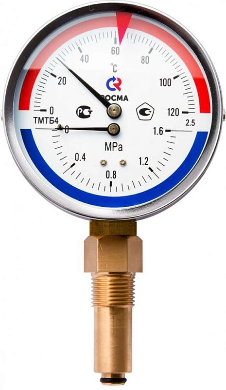 Термоманометр Росма ТМТБ-41Р.2 (0-150°C) (0-0,6MПa) G1/2 2,5, корпус 100мм, тип - ТМТБ-41Р.2, длина клапана 64мм, до 150°С, радиальное присоединение, 0-0,6MПa, резьба G1/2, класс точности 2.5