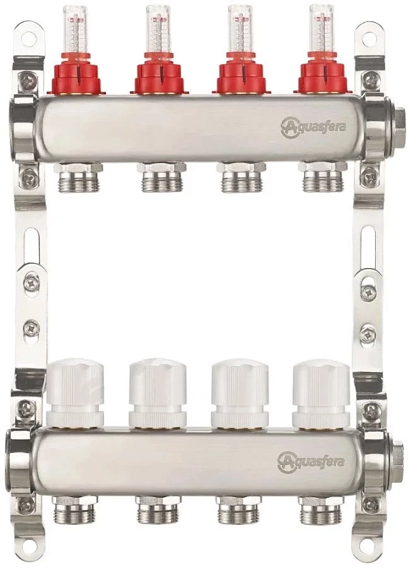 Группа коллекторная Aquasfera 9503 Ду25 Ру6 внутренняя резьба, выходов 4х3/4″ наружная резьба под евроконус с регулирующими клапанами и расходомерами, нержавеющая сталь