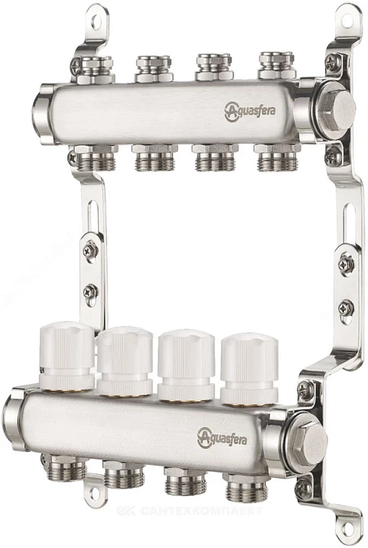 Группа коллекторная Aquasfera 9504 Ду25 Ру10 внутренняя резьба, выходов 2х3/4″ наружная резьба под евроконус с балансировочными и регулирующими клапанами, нержавеющая сталь